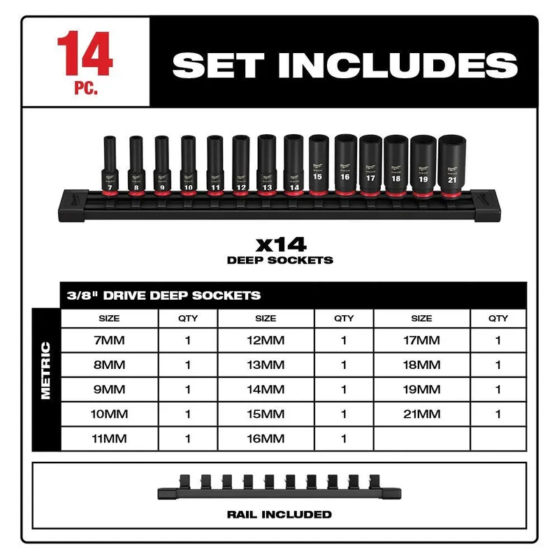Milwaukee 14PC SHOCKWAVE Impact Duty 3/8" Drive Metric Deep 6 Point Socket Set
