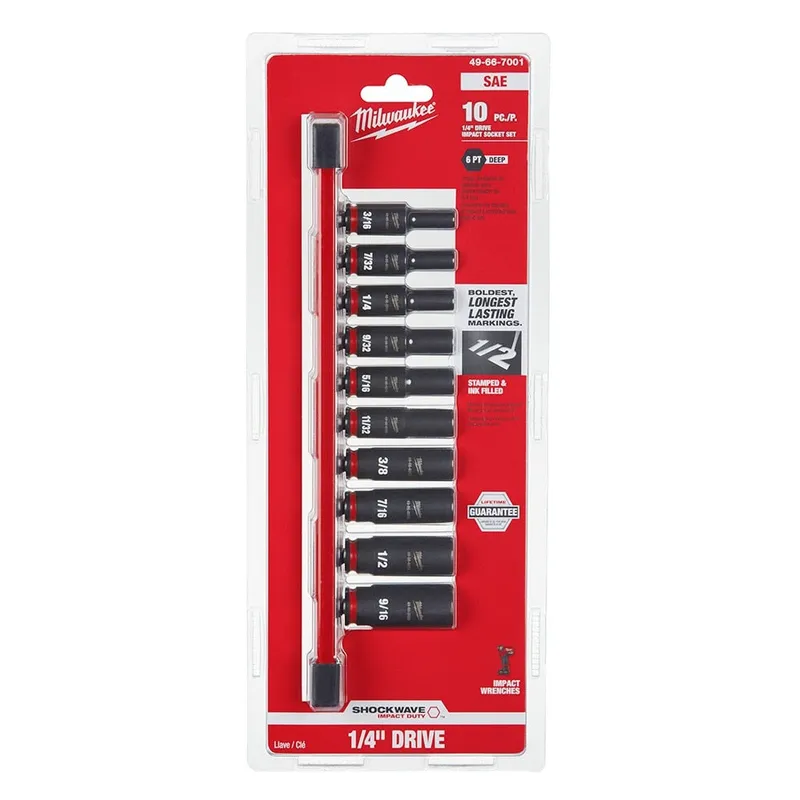 Milwaukee 10PC SHOCKWAVE Impact Duty 1/4" Drive SAE Deep 6 Point Socket Set