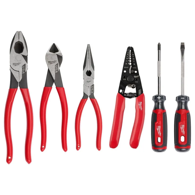 Milwaukee Dipped Grip Pliers Wire Stripper and Screwdriver Set Made in USA (6 Piece Set)