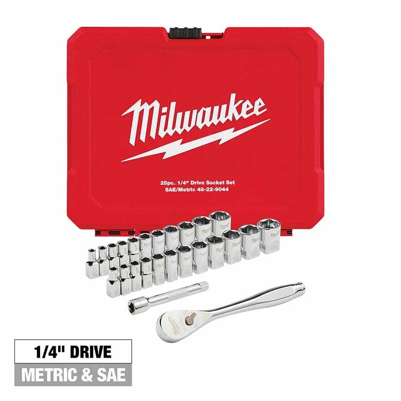 Milwaukee 25pc 1/4" Drive Metric & SAE Ratchet and Socket Set with FOUR FLAT SIDES