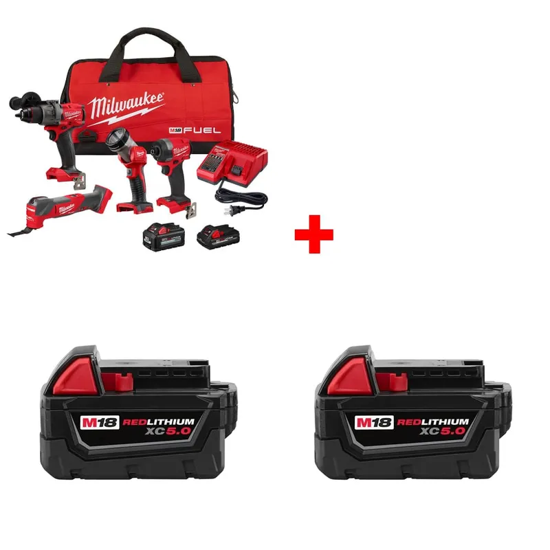 Milwaukee M18 4-Tool Combo Kit w/ FREE 48-11-1850 M18 Battery, 2-Pack