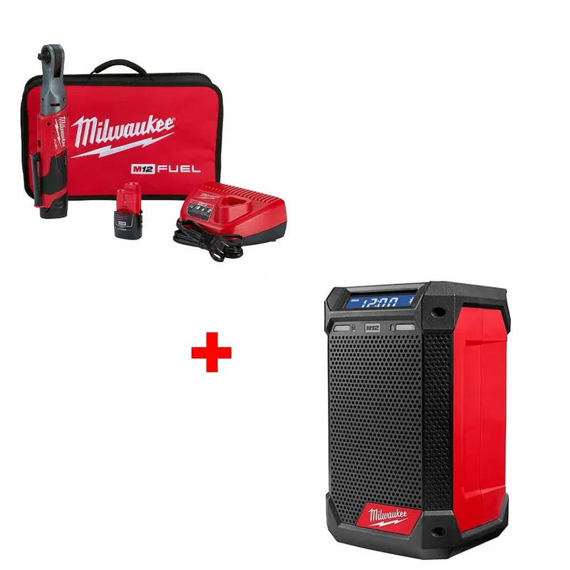 Milwaukee M12 FUEL 3/8" Ratchet Kit w/ 2951-20 M12 Radio + Charger