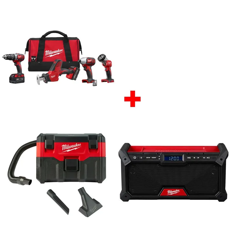 Milwaukee M18 4-Tool Combo Kit W/ FREE 0880-20 18V Vacuum & M18 Radio