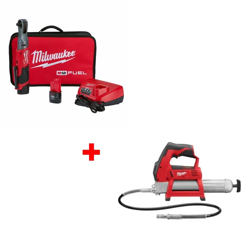 Milwaukee M12 FUEL 3/8" Ratchet Kit w/ FREE 2446-20 M12 Grease Gun, Bare