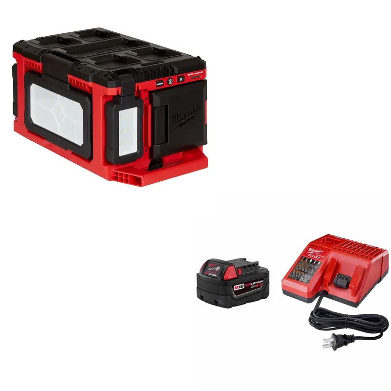 Milwaukee M18 PACKOUT Light/Charger W/ 48-59-1850 M18 XC5.0 Starter Kit