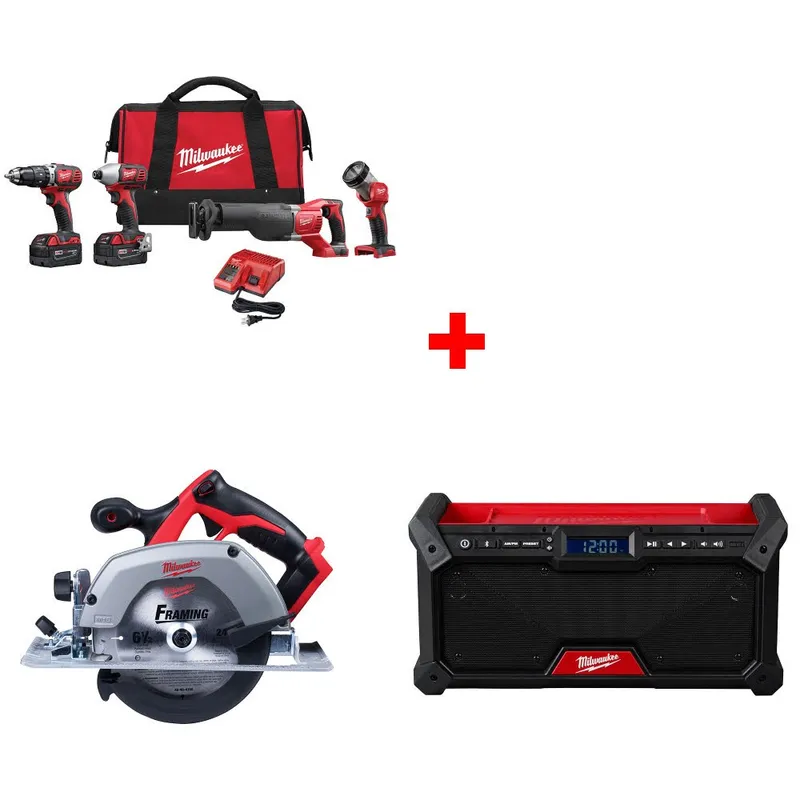 Milwaukee M18 4-Tool Combo Kit W/ FREE 2630-20 18V Circ Saw & M18 Radio