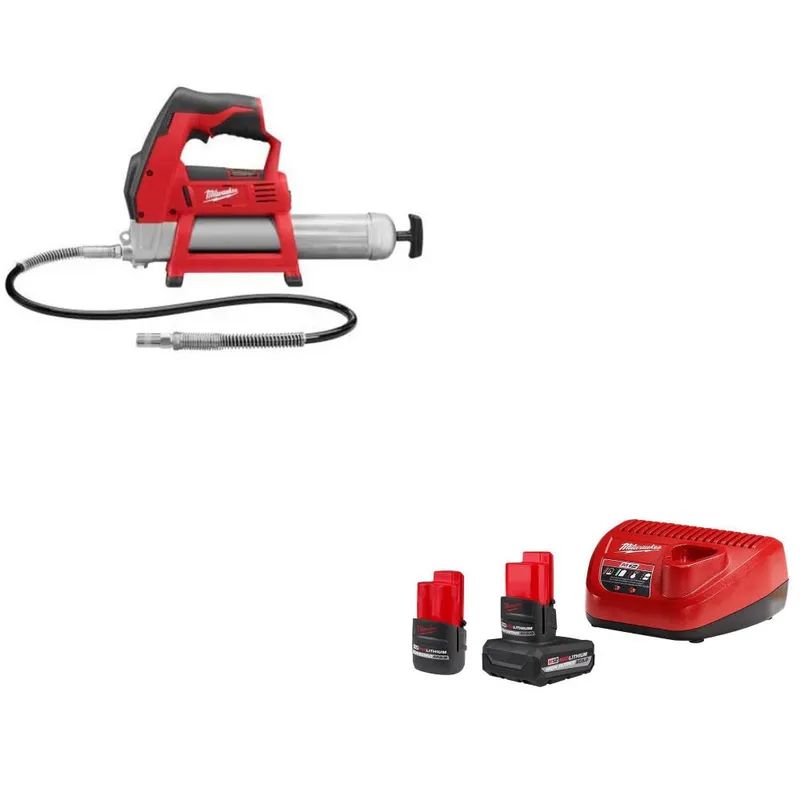 Milwaukee M12 Grease Gun, Bare W/ 48-59-2452S M12 2-Battery Starter Kit