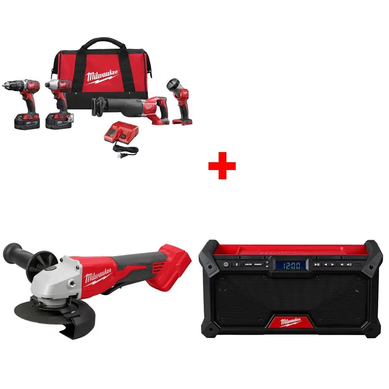 Milwaukee M18 4-Tool Combo Kit W/ FREE 2686-20 18V Grinder & M18 Radio