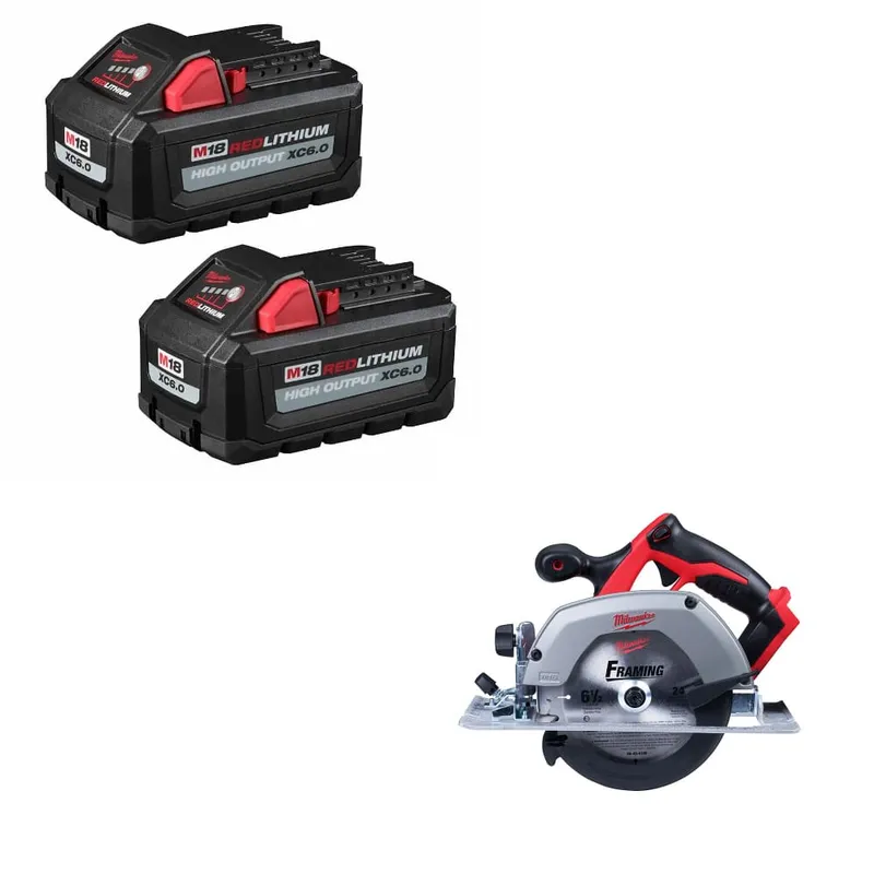 Milwaukee M18 XC6.0 Battery 2-Pack W/ FREE 2630-20 M18 Circ Saw, Bare