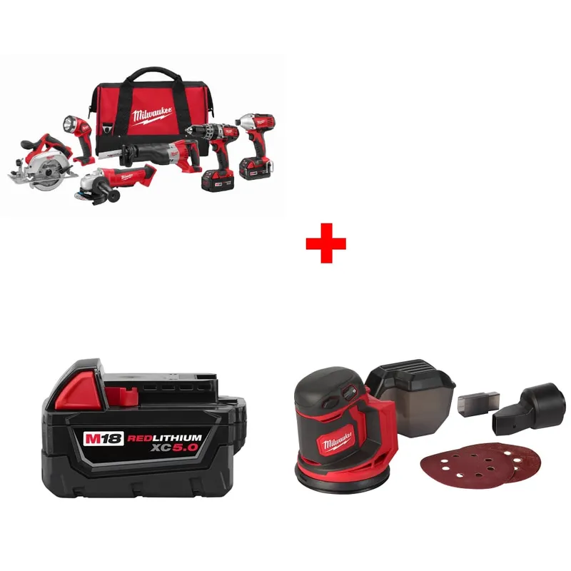 Milwaukee M18 6-Tool Combo Kit w/ FREE 48-11-1850 XC5.0 Battery & Sander