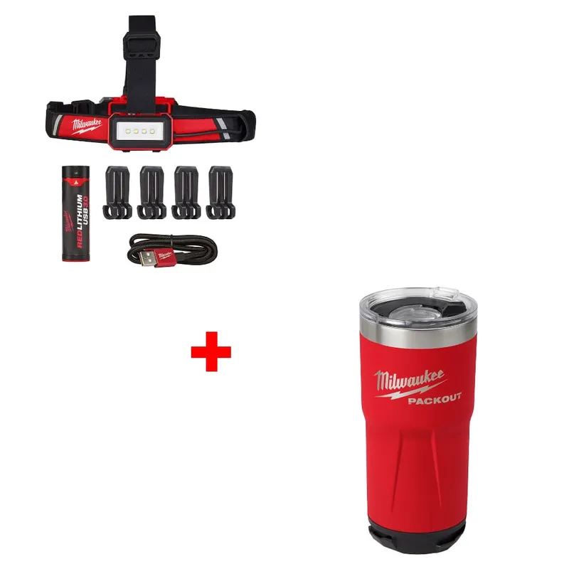 Milwaukee USB Rechargeable Headlamp w/ FREE 48-22-8392R 20oz Red Tumbler