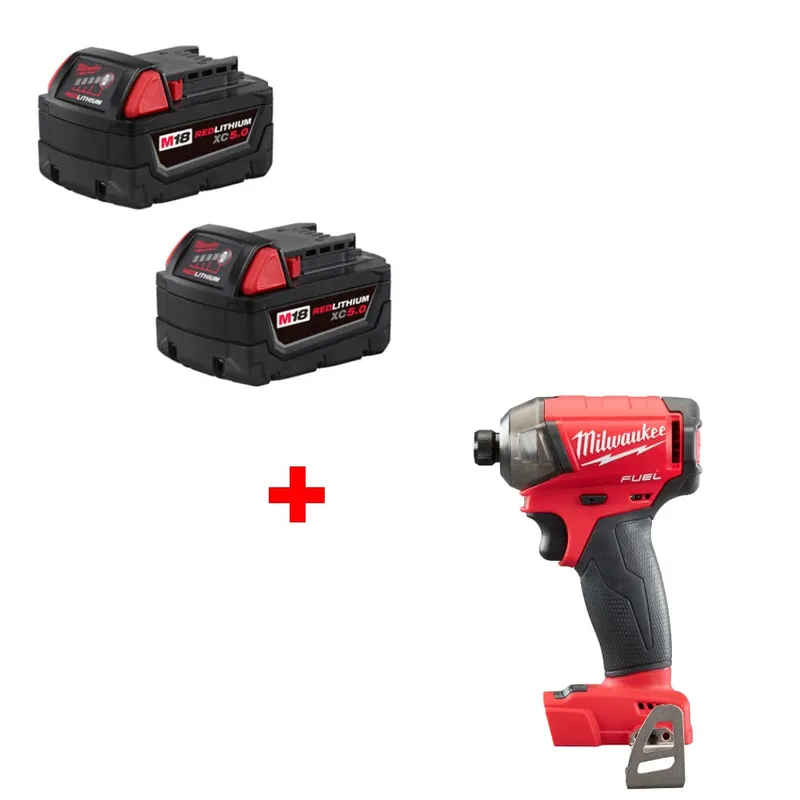 Milwaukee M18 XC5.0 Battery 2Pk w/ FREE 2760-20 1/4" Hex Driver, Bare