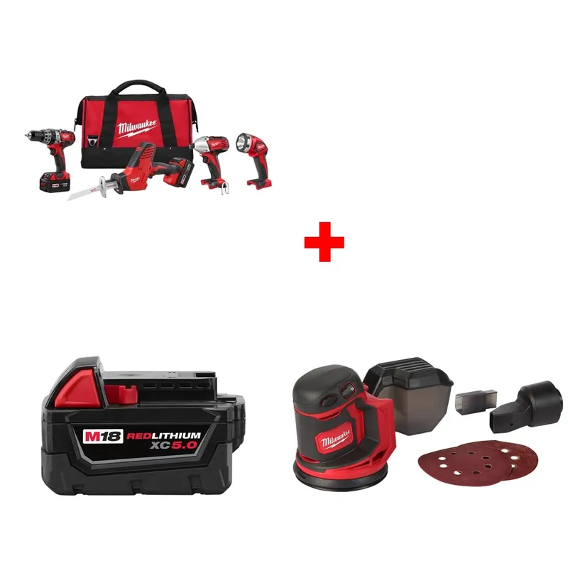 Milwaukee M18 4-Tool Combo Kit w/ FREE 48-11-1850 XC5.0 Battery & Sander