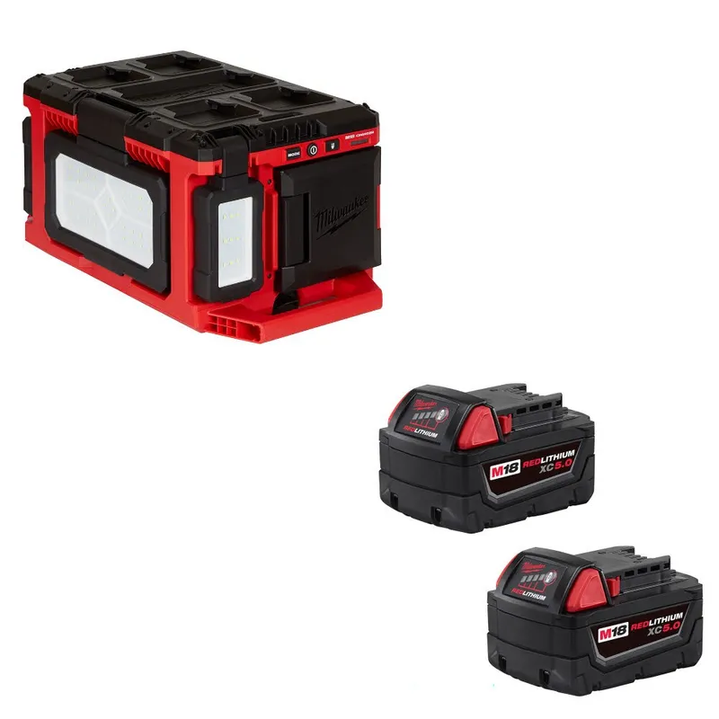 Milwaukee M18 PACKOUT Light/Charger W/ 48-11-1852 M18 XC5.0 Battery, 2Pk