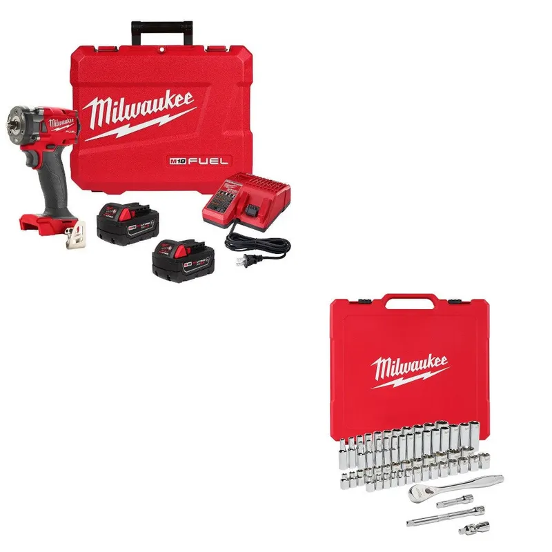 Milwaukee Compact Impact Wrench Kit W/ FREE Ratchet & Socket Set
