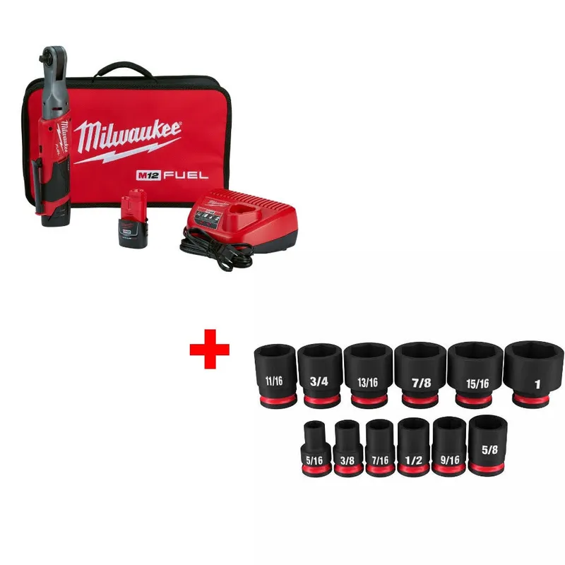 Milwaukee M12 FUEL 3/8" Ratchet Kit W/ FREE 49-66-7005 12PC Socket Set