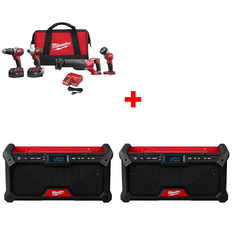Milwaukee M18 4-Tool Combo Kit W/ FREE 2952-20 M18 Jobsite Radio-2 Pack