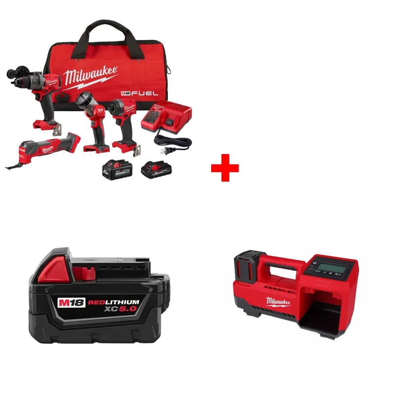 Milwaukee M18 4-Tool Combo Kit w/ FREE 48-11-1850 Battery & Inflator