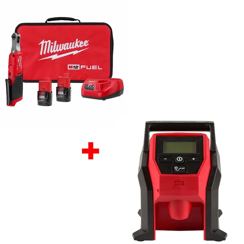 Milwaukee M12 FUEL 1/4" Ratchet Kit w/ FREE 2475-20 M12 Compact Inflator