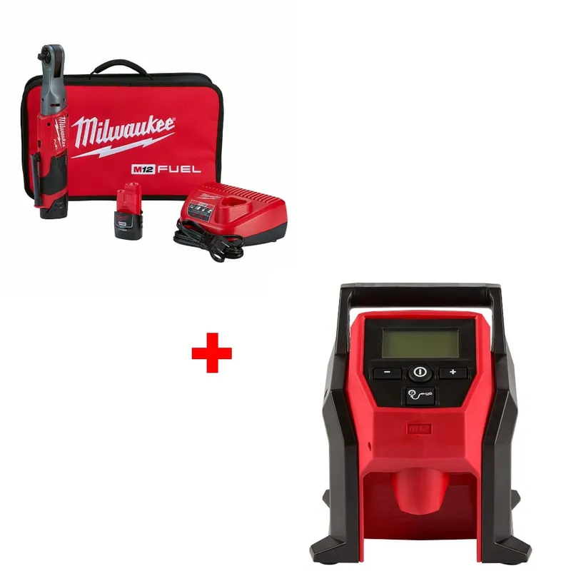 Milwaukee M12 FUEL 3/8" Ratchet Kit w/ FREE 2475-20 M12 Compact Inflator