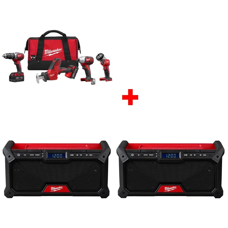 Milwaukee M18 4-Tool Combo Kit W/ FREE 2952-20 M18 Jobsite Radio-2 Pack