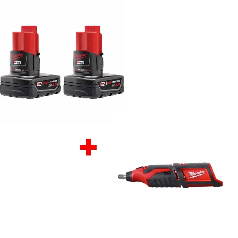 Milwaukee M12 XC Battery, 2Pk w/ FREE 2460-20 M12 Rotary Tool, Bare