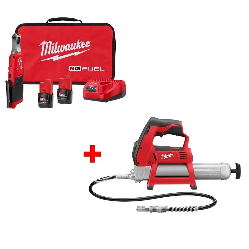 Milwaukee M12 FUEL 1/4" Ratchet Kit w/ FREE 2446-20 M12 Grease Gun, Bare
