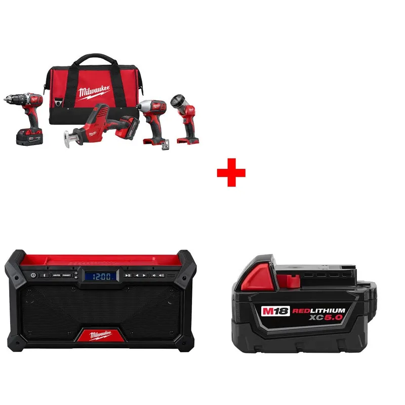 Milwaukee M18 4-Tool Combo Kit W/ FREE 2952-20 M18 Radio & Battery Pack