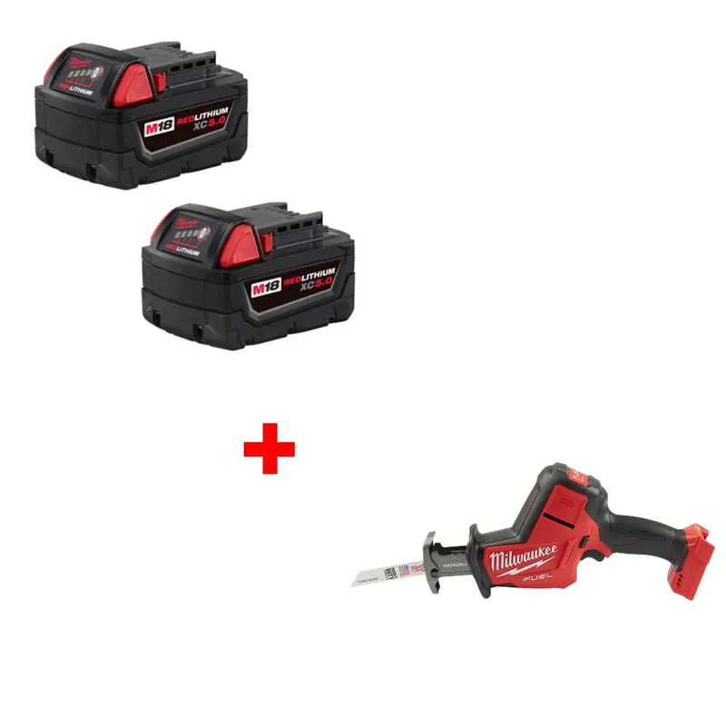Milwaukee M18 XC5.0 Battery 2Pk w/ Free 2719-20 M18 FUEL Hackzall Bare Tool