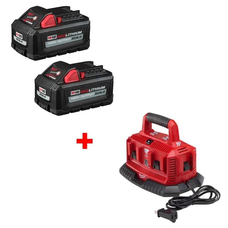 Milwaukee M18 XC6.0 Battery 2Pk w/ FREE 48-59-1806 M18 6Pk Charger