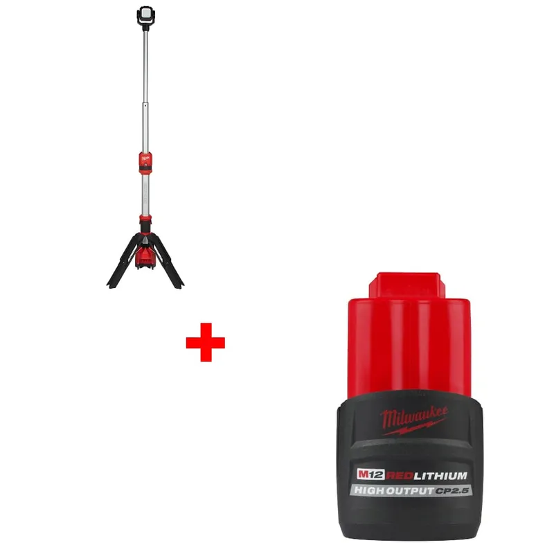 Milwaukee M12 Rocket Tower Light w/ 48-11-2425 M12 Battery Pack