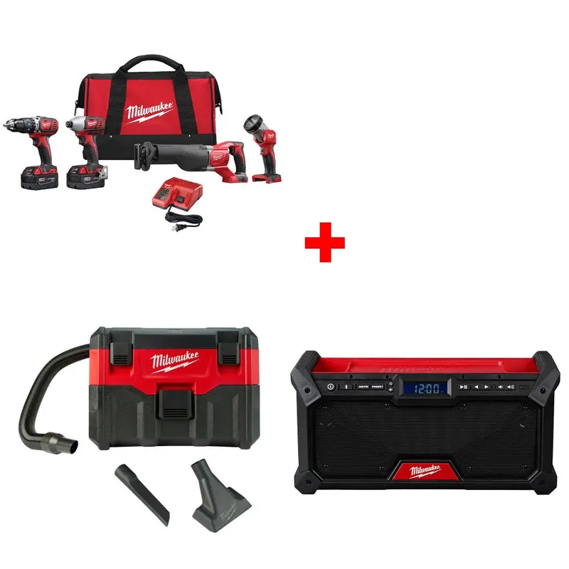 Milwaukee M18 4-Tool Combo Kit W/ FREE 0880-20 18V Vacuum & M18 Radio
