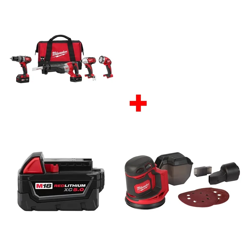 Milwaukee M18 4-Tool Combo Kit w/ FREE 48-11-1850 XC5.0 Battery & Sander