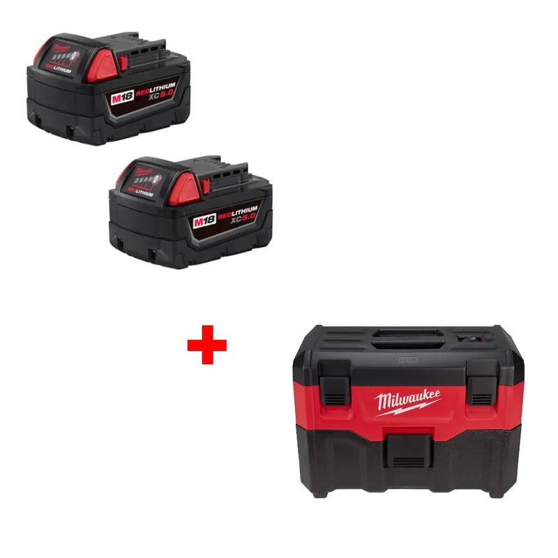 Milwaukee M18 XC5 Battery 2Pk w/ FREE 0880-20 Wet/Dry Vacuum, Bare