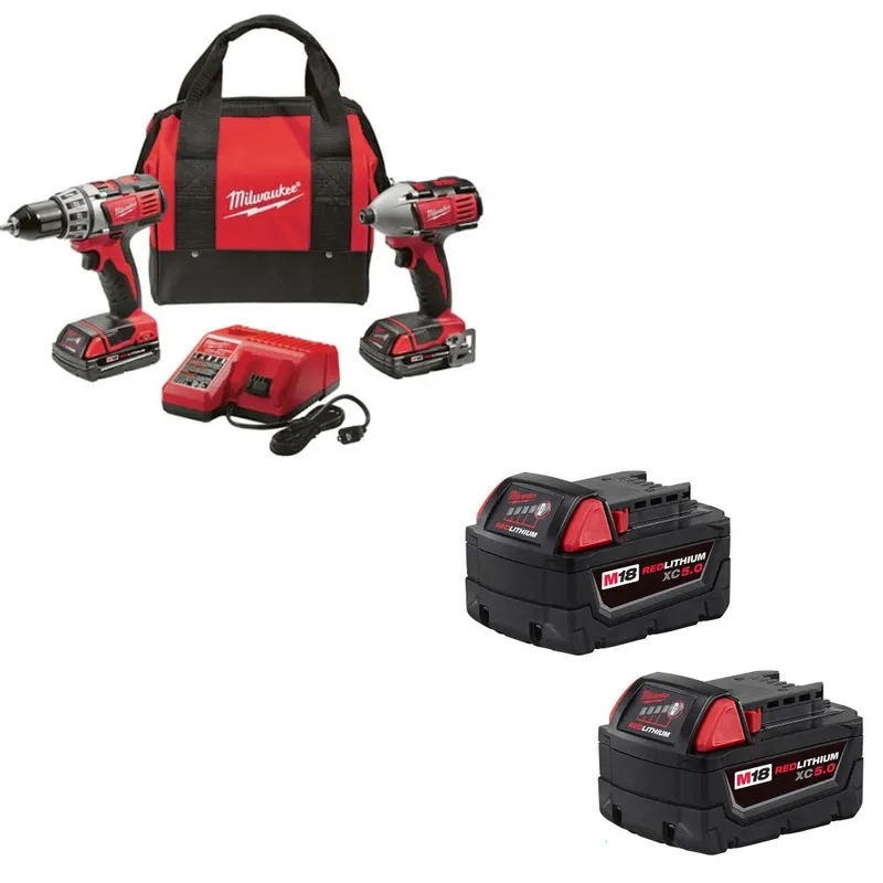 Milwaukee M18 18V 2-Tool Combo Kit W/ 48-11-1852 M18 XC5.0 Battery, 2Pk