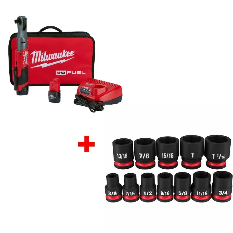 Milwaukee M12 FUEL 1/2" Ratchet Kit W/ FREE 49-66-7010 12PC Socket Set