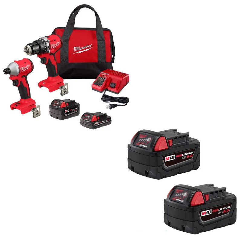 Milwaukee M18 2-Tool Combo Kit W/ 48-11-1852 M18 XC5.0 Battery, 2 Pack