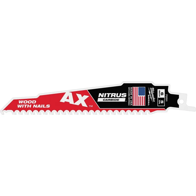 Milwaukee 6" 5 TPI NITRUS Carbide SAWZALL Recip Saw Blade for Wood with Nails