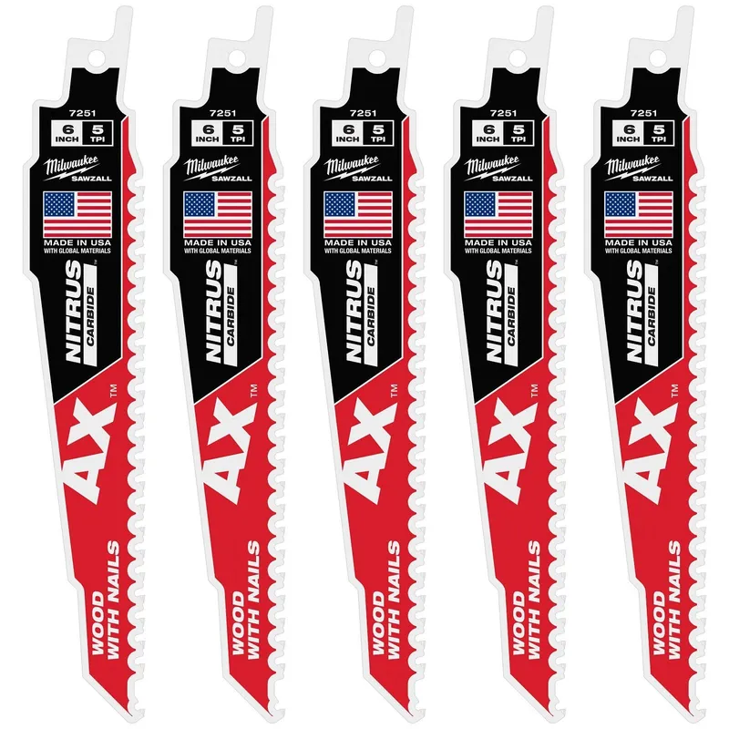 Milwaukee 6" 5 TPI AX NITRUS Carbide SAWZALL Reciprocating Saw Blade for Wood with Nails and Screws (5 Pack)