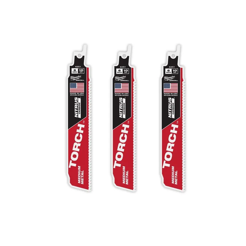 Milwaukee 6" Reciprocating Saw Blade 10TPI The TORCH with NITRUS CARBIDE Teeth for Medium Metal 3PK
