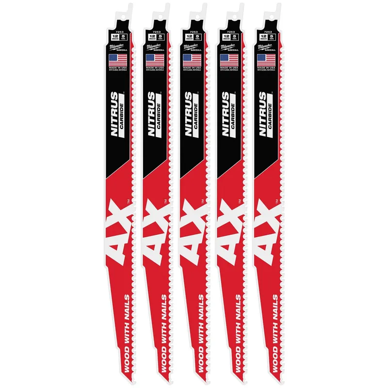 Milwaukee 12" 5 TPI Nitrus Carbide Sawzall Reciprocating Saw Blade for Wood with Nails (5 Pack)
