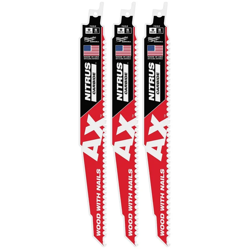 Milwaukee 9" 5 TPI NITRUS Carbide Reciprocating Sawzall Blade for Wood with Nails (3 Pack)