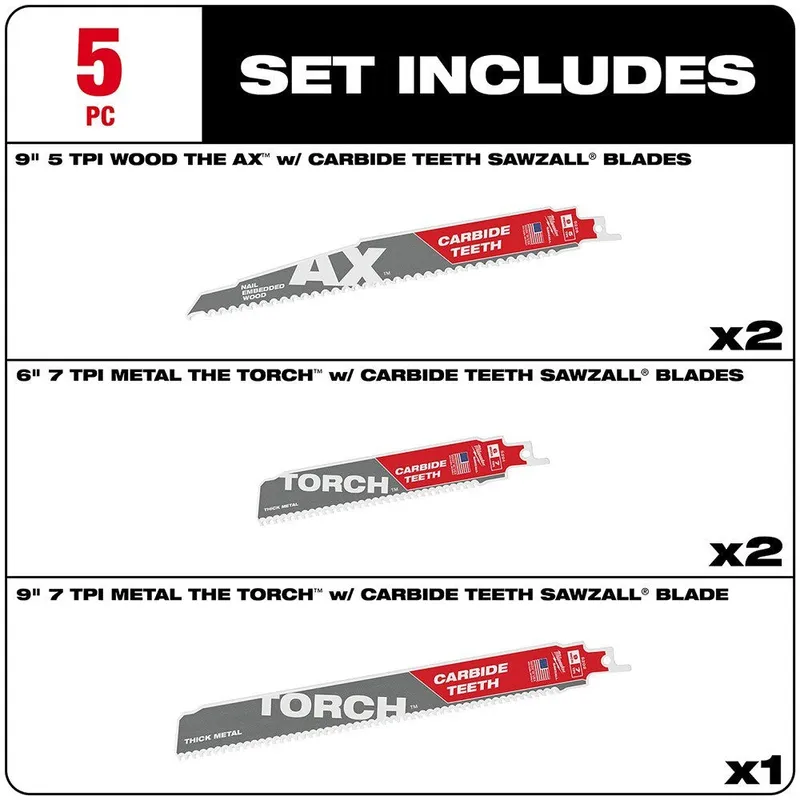 Milwaukee 5pc Carbide Teeth SAWZALL Blade Set