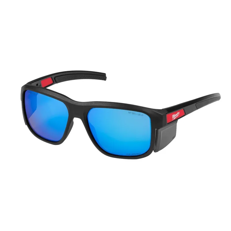 Milwaukee Polarized Full Frame Safety Glasses with Removable Side Shields Blue Mirrored Dual Coat Lenses
