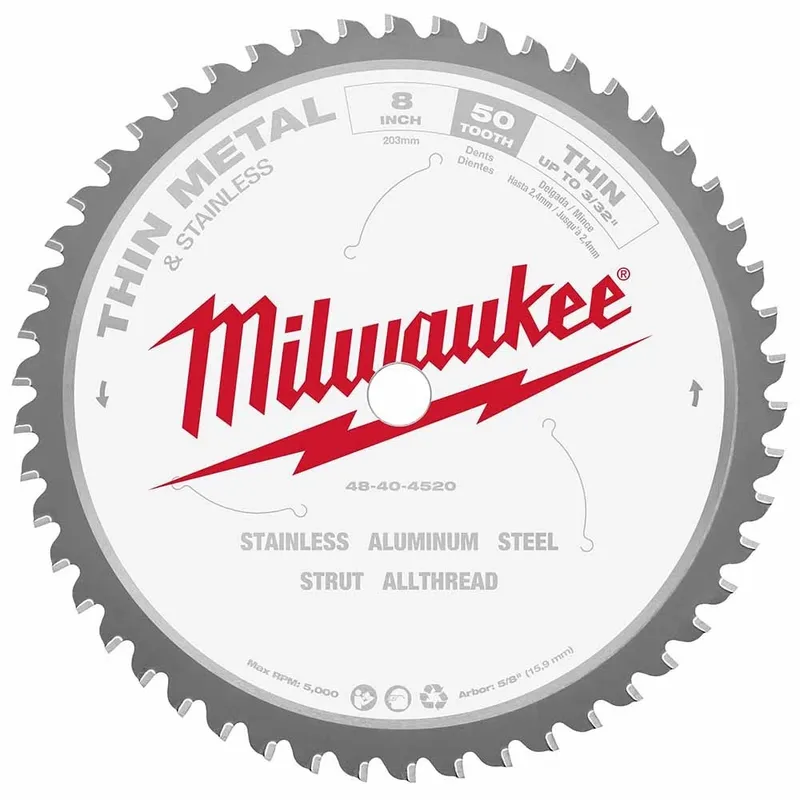 Milwaukee 8" 50T Ferrous Metal Cermet Tip Circular Saw Blade, Thin Metals, 5/8" Arbor