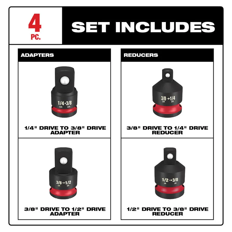 Milwaukee SHOCKWAVE Impact Duty 1/4"-1/2"Drive Adapter Set ( 1-each: 1/4"f x 3/8"m , 3/8"f x 1/4"m, 3/8"F x 1/2"m, 1/2"f x 3/8"m)