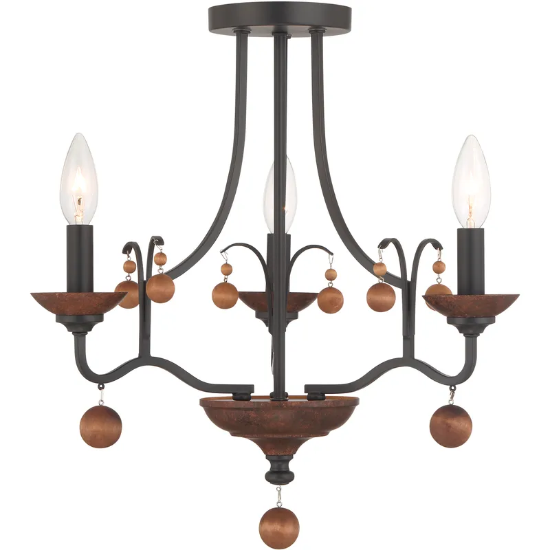 Colonial Charm 3 Light 16.75 inch Old World Bronze with Walnut Semi Flush Ceiling Light