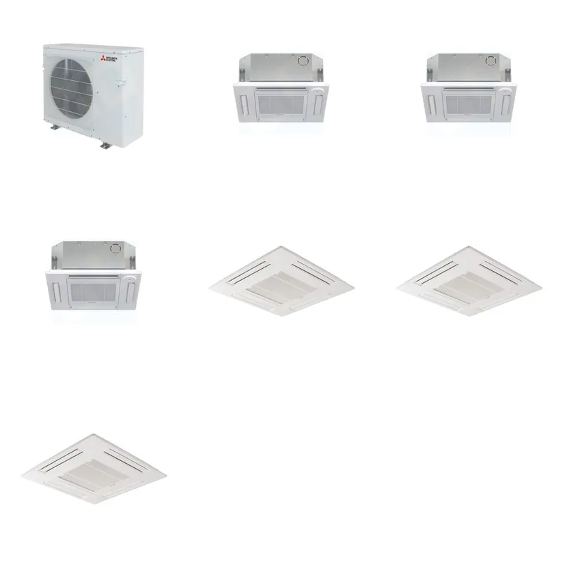 Mitsubishi Multi-Zone 28600 BTU R-454B 20 SEER2 3-Zone 2'x2' Ceiling Cassette Mini Split Heat Pump System - 12K+12K+12K