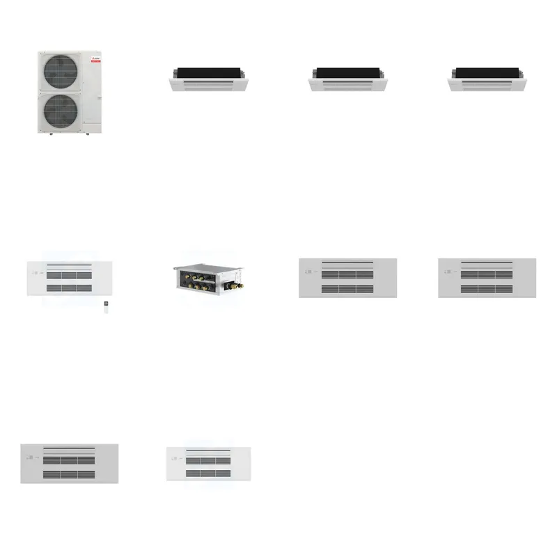 Mitsubishi Multi-Zone 48000 BTU R-454B 20 SEER2 4-Zone 1-Way Ceiling Cassette Mini Split Heat Pump System - 6K+6K+6K+9K