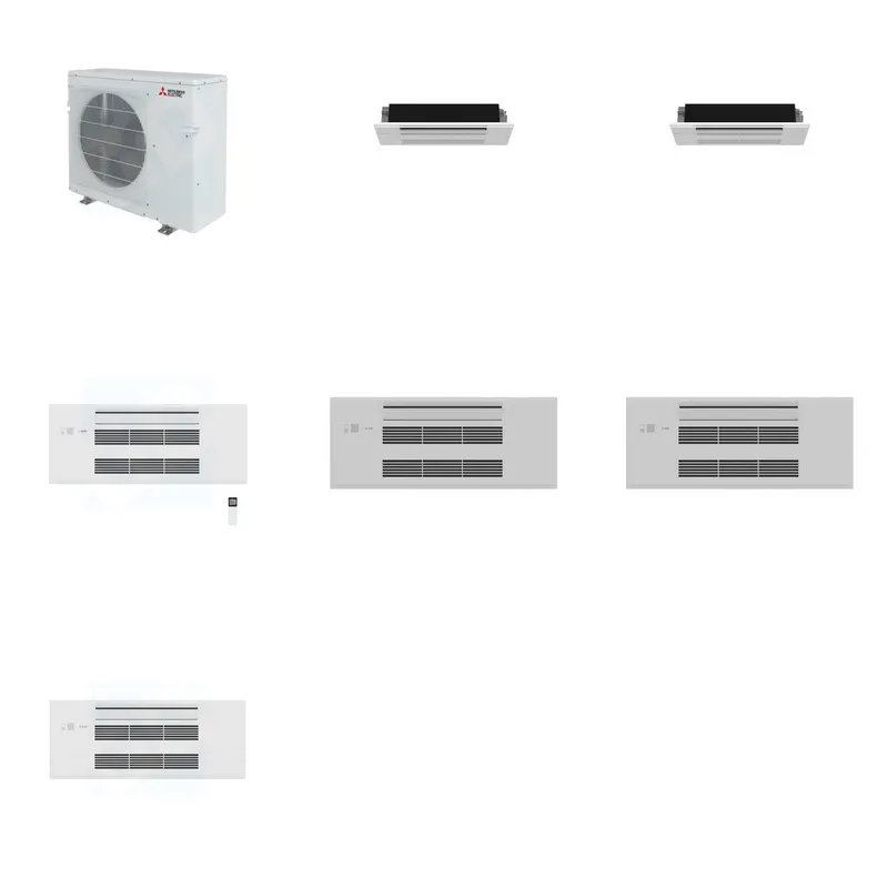 Mitsubishi Multi-Zone 36400 BTU R-454B 20 SEER2 3-Zone 1-Way Ceiling Cassette Mini Split Heat Pump System - 6K+6K+9K